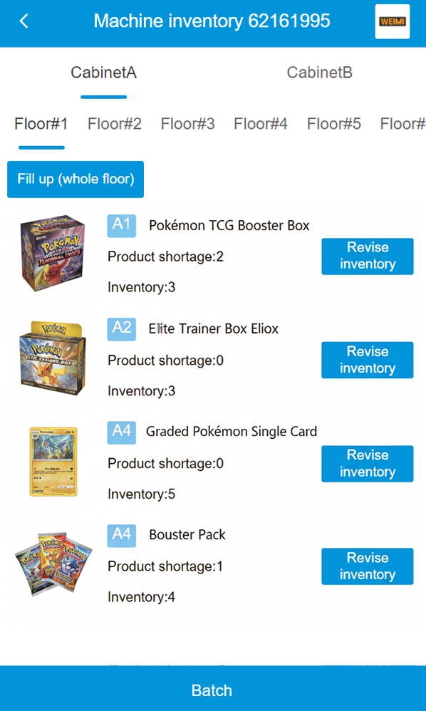 Backend cloud WEIMI che mostra l'inventario dei distributori automatici Pokemon