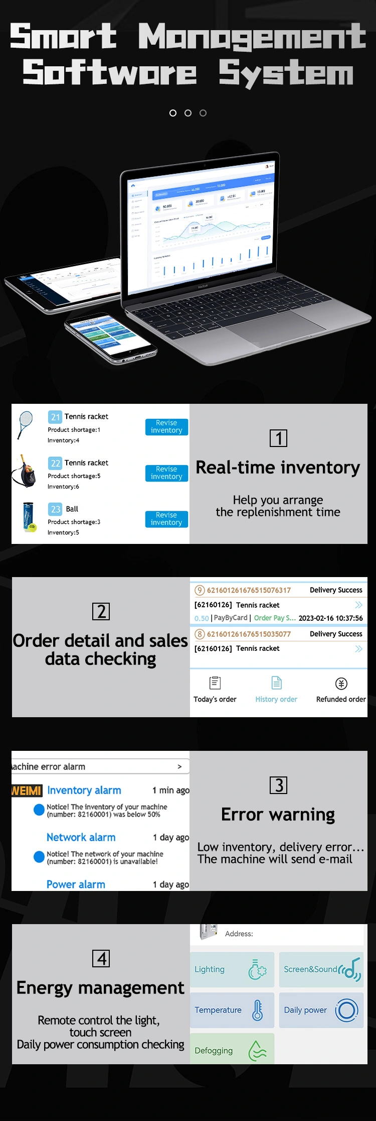 smart management software system for combo Sport Vending Machine for padel rackets tennis balls