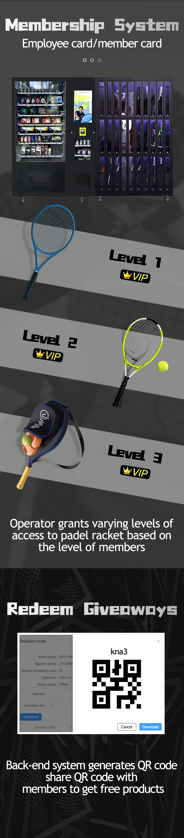 memebership system for employees combo Sport Vending Machine for sport equipments padel rackets tennis balls