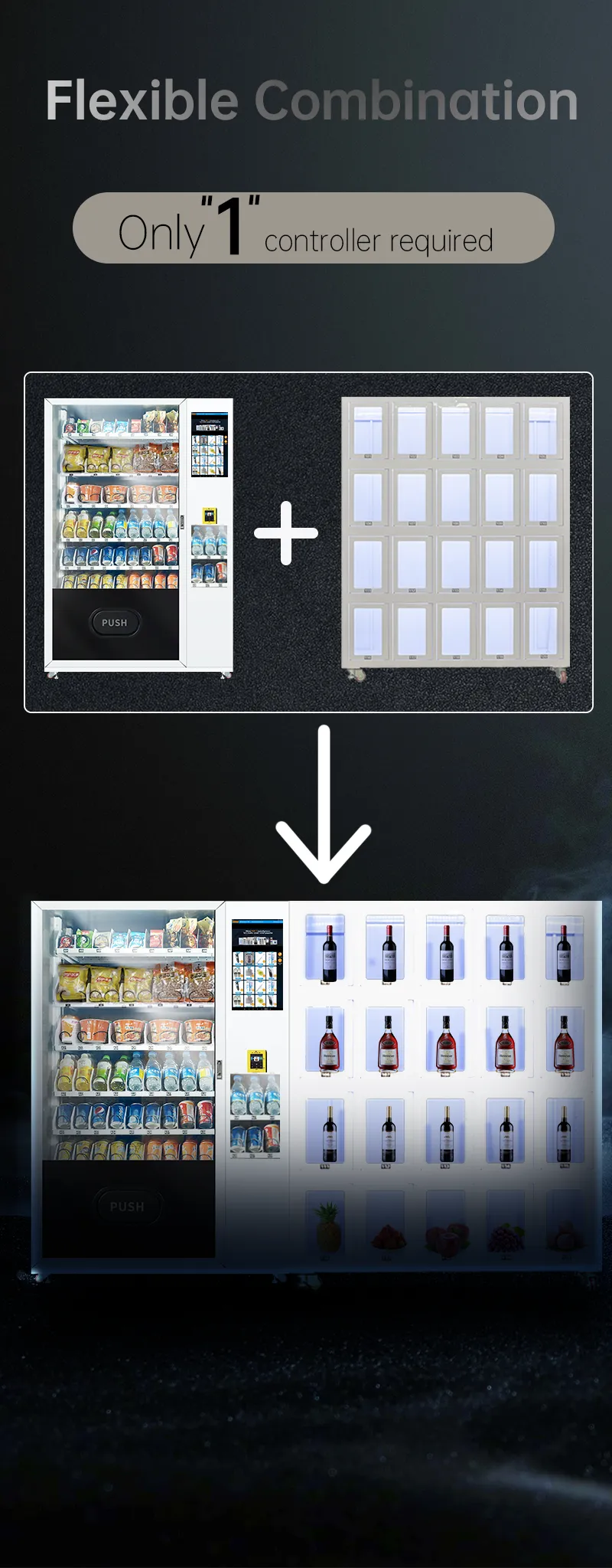 flexible combination Snack, Drink, Fresh Fruit & Glass Bottled Vending Machine