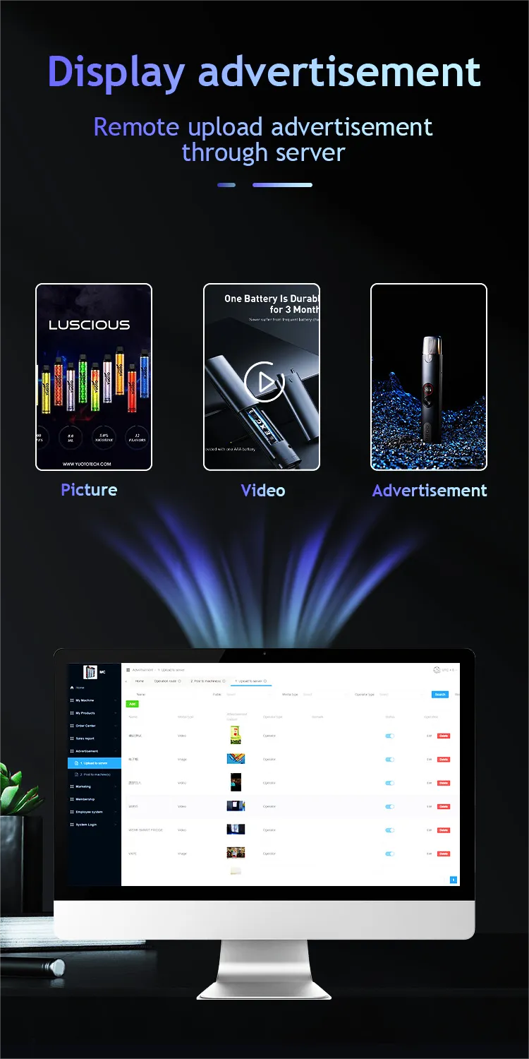 Full Touchscreen Vape Vending Machine with Age Verification display advertisement for vape e-cigarette