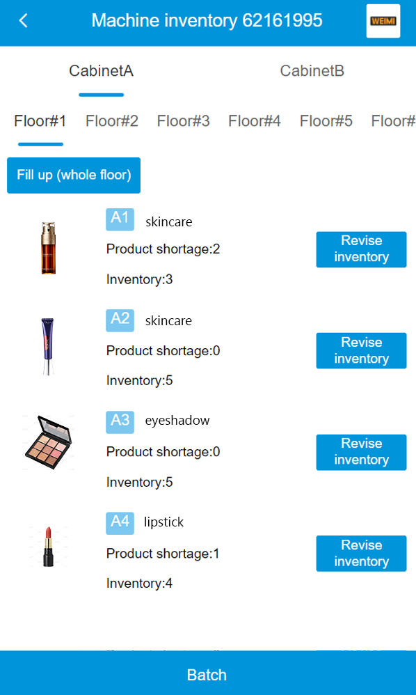 Makeup vending machine inventory showing stock for separately labelled products