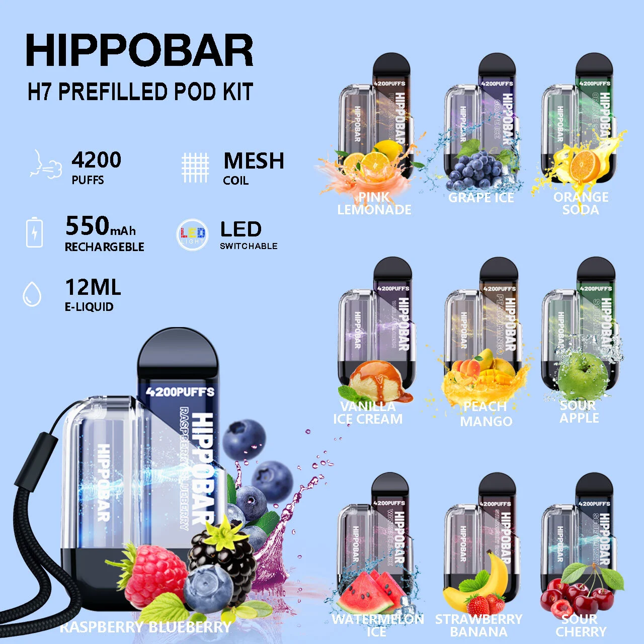 WEIMI H7 교체 가능한 충전식 Vape 4200 PUFFS(LED 조명 사전 충전형 포드 키트 포함) 도매용