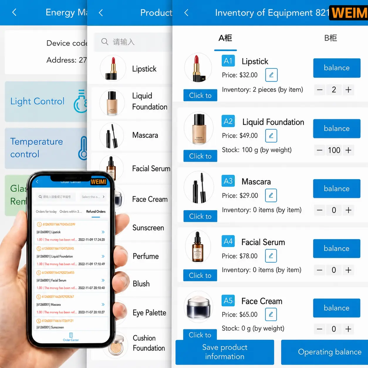 Makeup vending machine sales report with sales by product