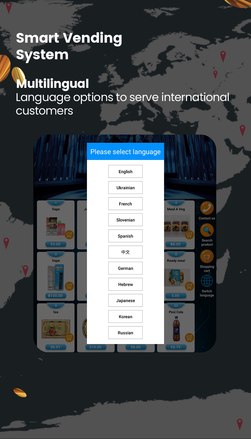 Snack, Drink, Fresh Fruit & Glass Bottled Vending Machine multilingual system