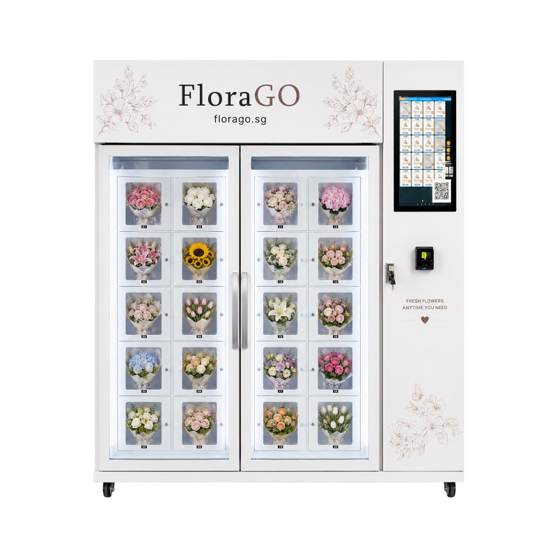 Front view of a white flower vending machine with 20 glass-front lockers, a side screen and a payment reader.