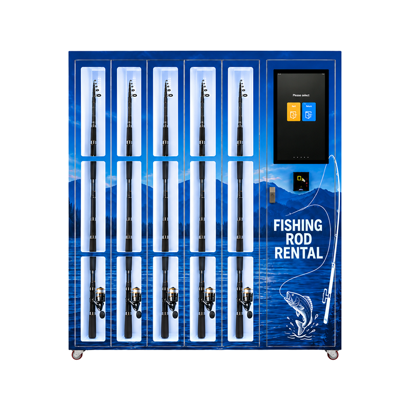 Right-side view of the blue fishing rod rental cabinet with five tall locker doors