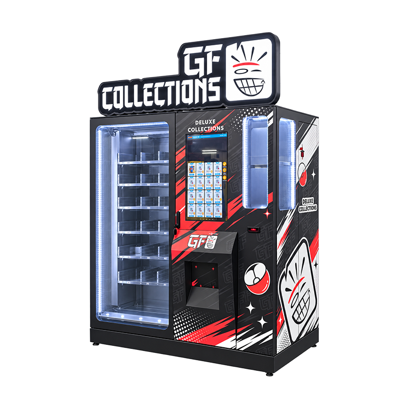 GT Collections branded vending machine with a glass product area, touchscreen and narrow right-side display cabinet