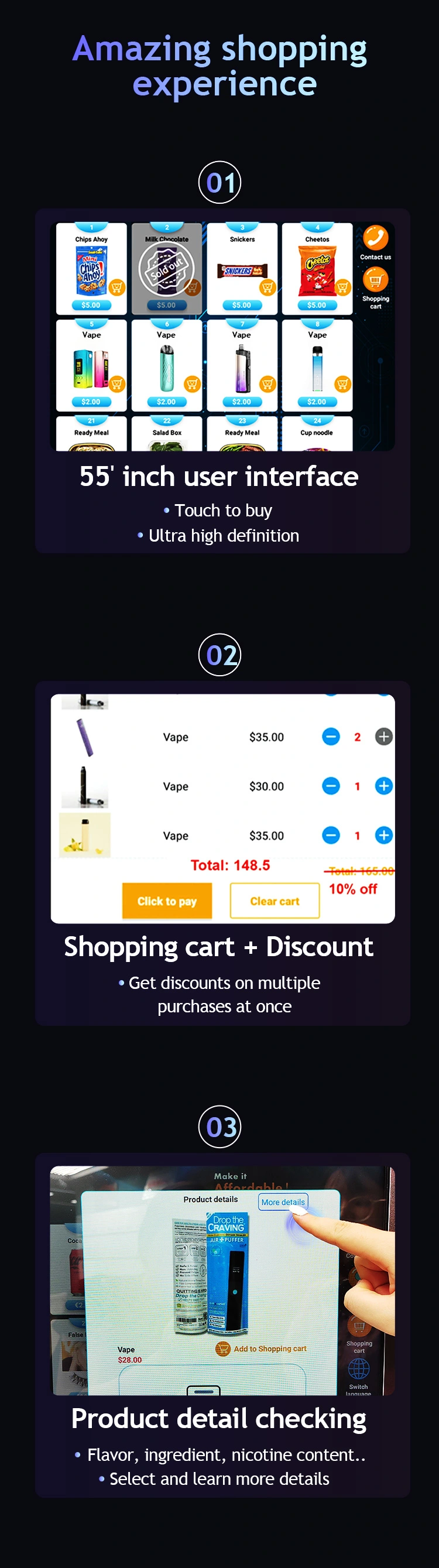 Full Touchscreen Vape Vending Machine with Age Verification easy to use supports multiple purchases and checking product details