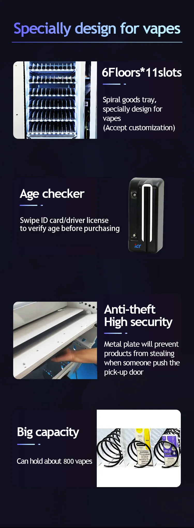 Full Touchscreen Vape Vending Machine with Age Verification and anti-theft high security big capacity for up to 700 vapes