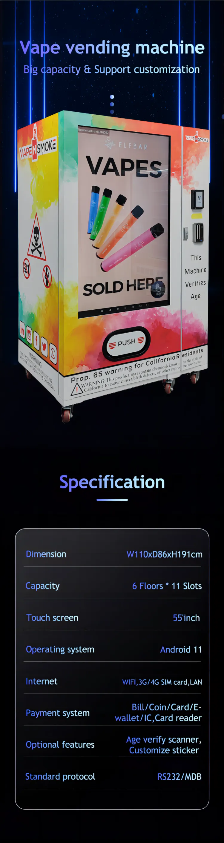 Full Touchscreen Vape Vending Machine with Age Verification big capacity support customization