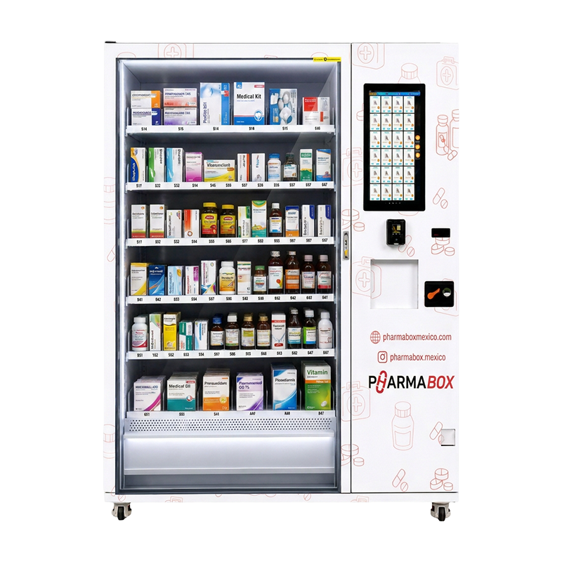 Pharmacy medicine vending machine with touchscreen, card and coin payment hardware