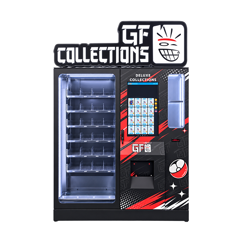 GT Collections branded vending machine with a glass product area, touchscreen and narrow right-side display cabinet