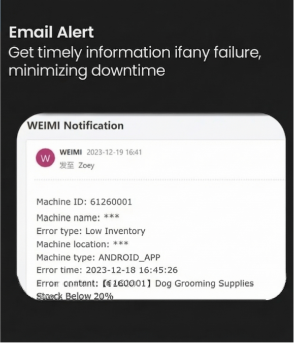Email alert settings for low stock and machine faults