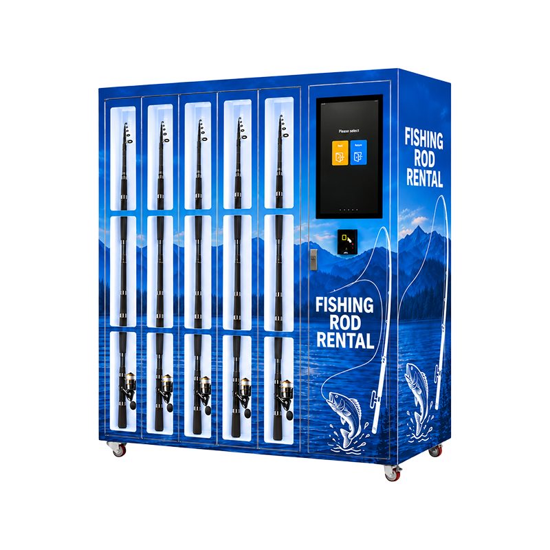 Left-side view of the fishing rod rental cabinet with lake graphics and a card reader