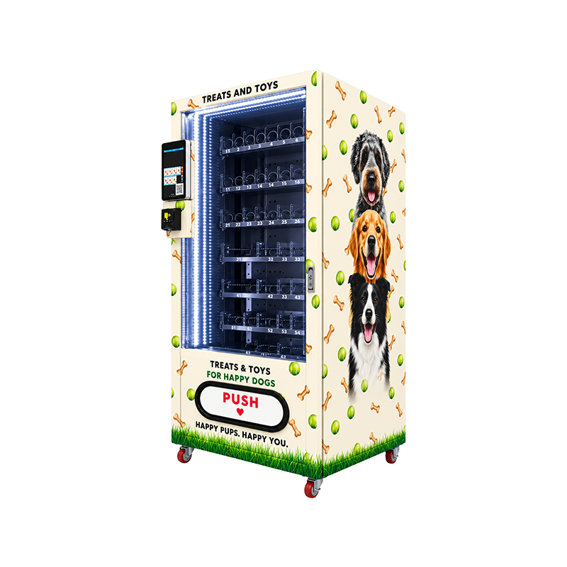 Cream WEIMI WM10 vending machine with spiral shelves, a side touchscreen and dog graphics