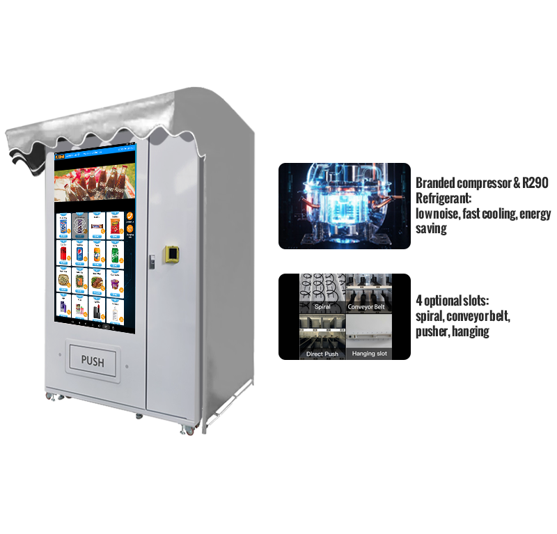 Outdoor Full-touchscreen Vending Machine with Canopy branded compressor and optional slors