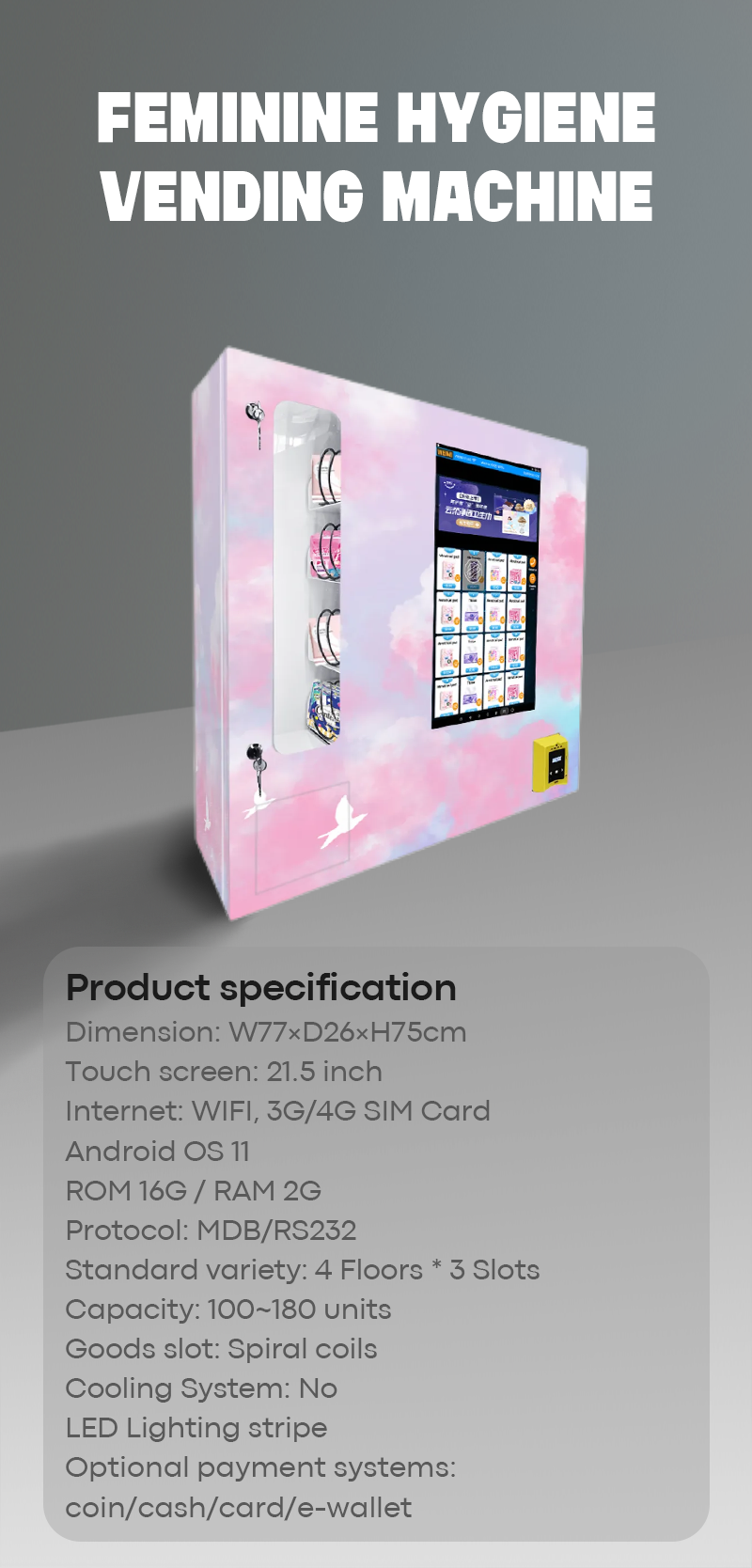 WEIMI Mini Wall-mounted Feminine Hygiene Vending Machine provides easy access to Feminine Hygiene products, such as pads, tampons and napkins... with membership system for your employees, and vending system for customers and visitors. 24/7 solve menstruation emergencies with ease.