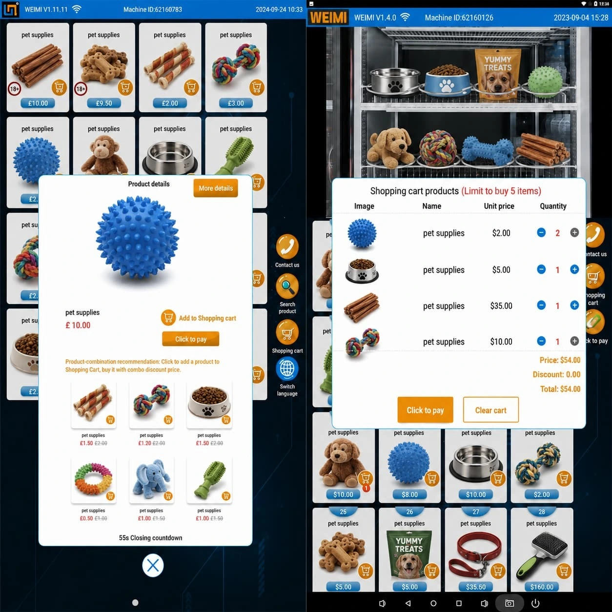 product details dashboard for pet vending machine