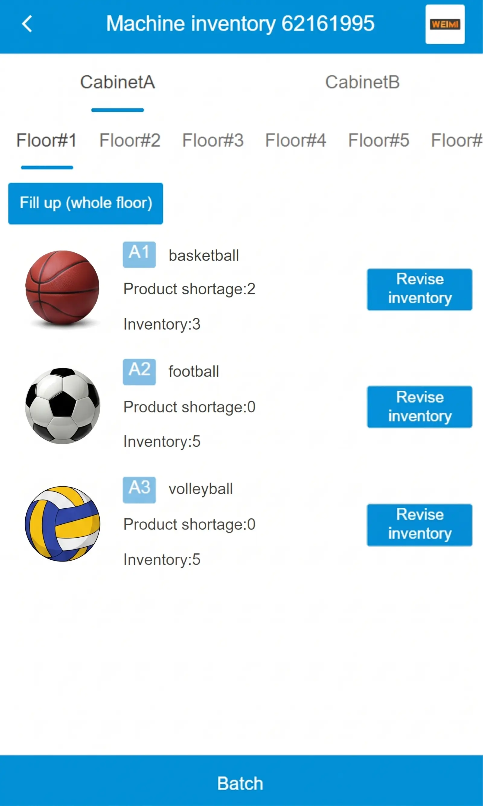 Sports ball inventory showing stock levels by product