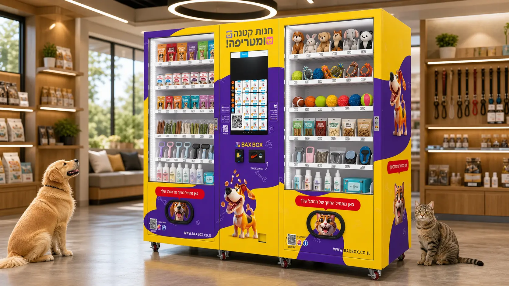 Large capacity pet food vending machine for treats, toys and grooming supplies