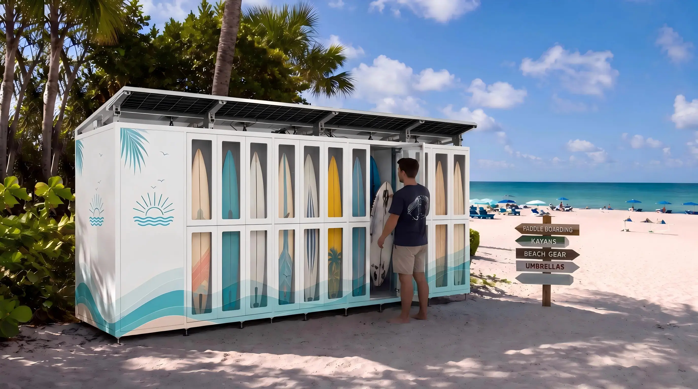 Solar-Powered Self-Service Rental Lockers for Paddleboards Surfboards Kayaks