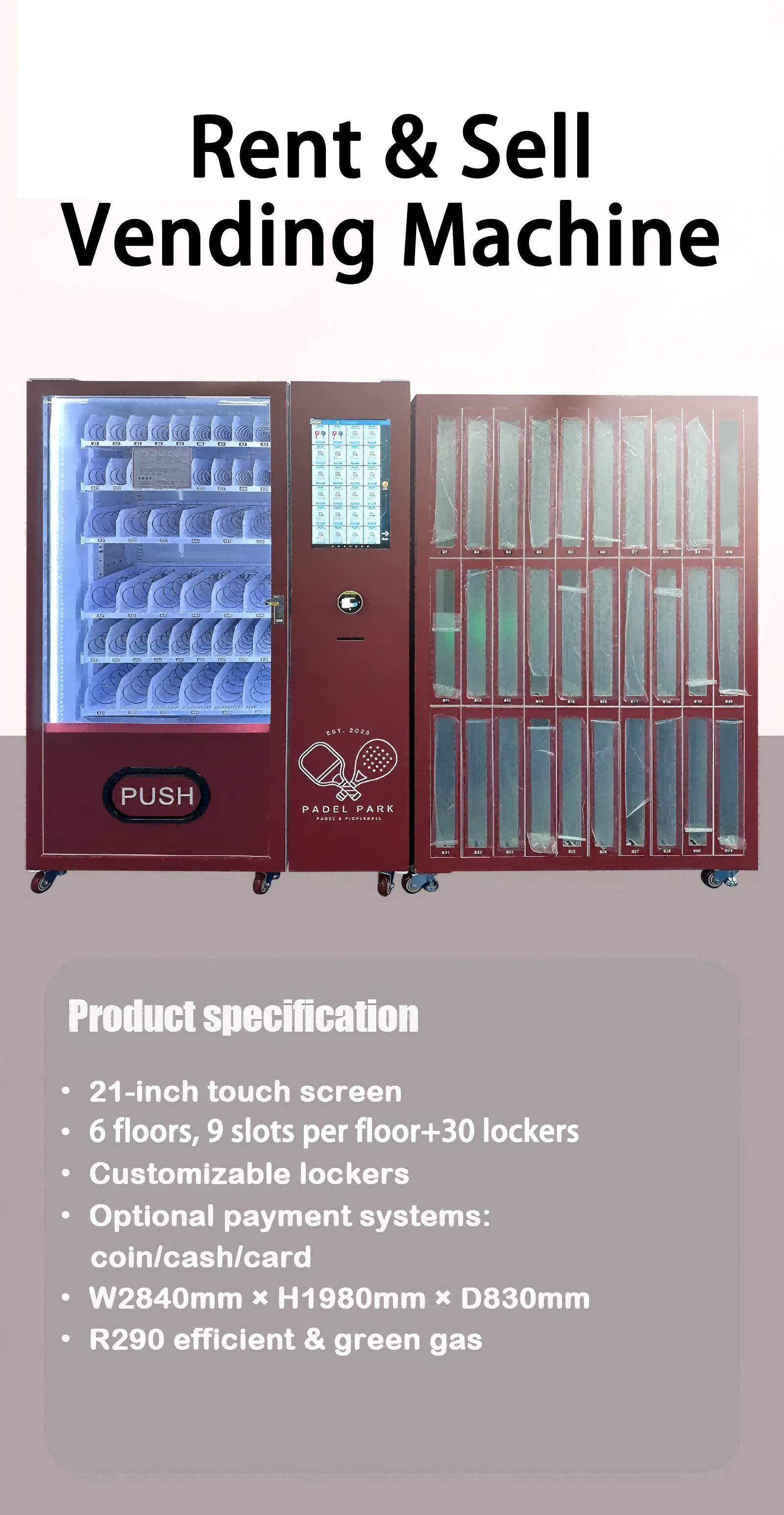 Rent and Sell Sports Vending Machine for Renting Sports Equipment Energy Bars Drinks