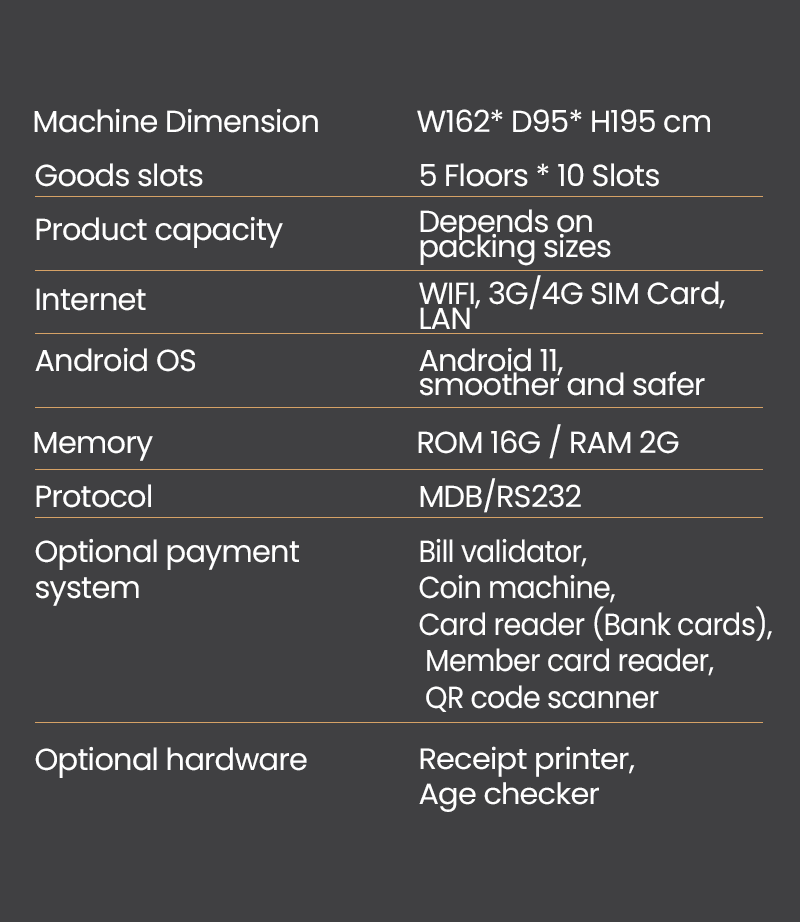 specification of Mobile Phone Accessories Vending Machine for Phone Charger Phone Case Electronics vending machine