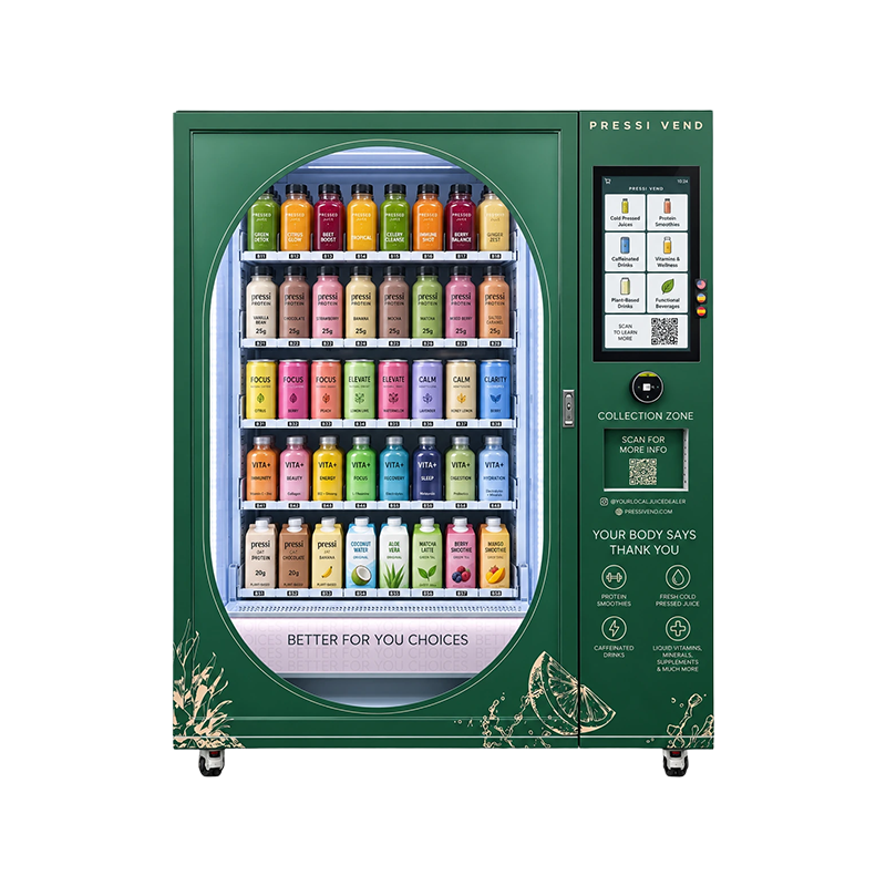 Green Pressi Vend branded vending machine with bottled drinks, a touchscreen and a front collection opening