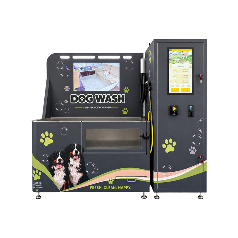 Apartment dog wash station with touchscreen and pet-themed cabinet wrap
