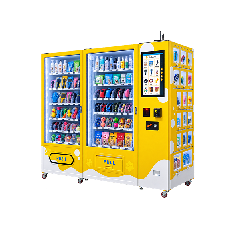 Dual-cabinet pet vending machine with ten lockers for larger pet supplies