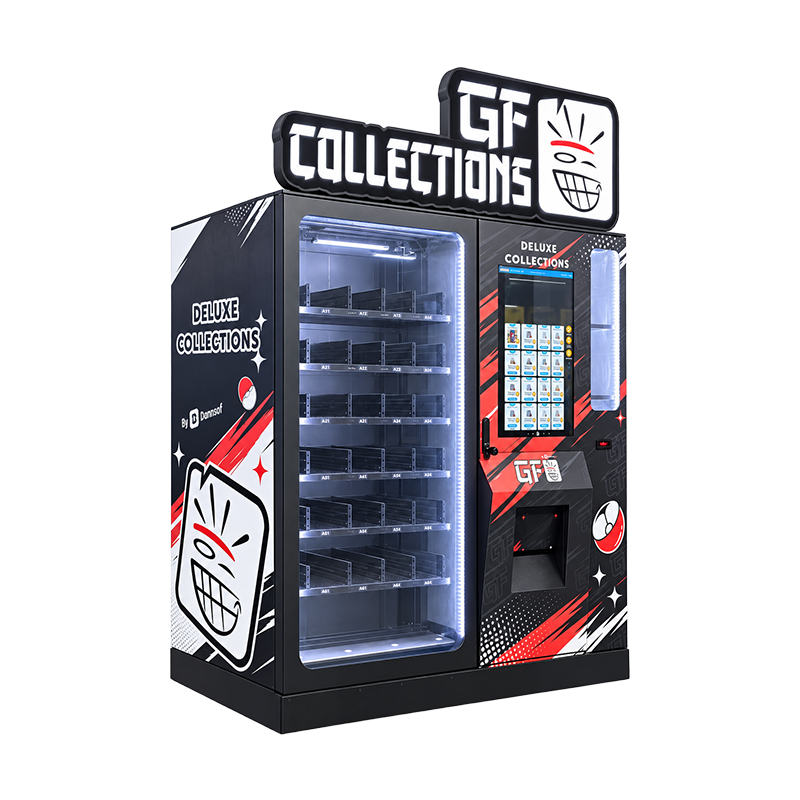 GT Collections branded vending machine with a glass product area, touchscreen and narrow right-side display cabinet