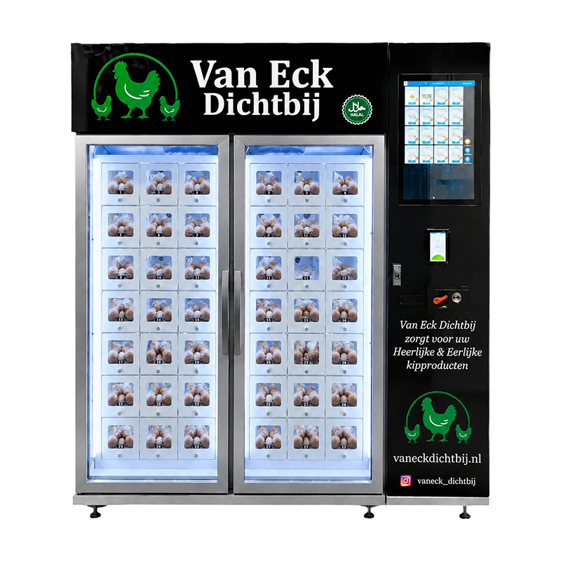 Egg vending machine with forty-two individual egg carton lockers