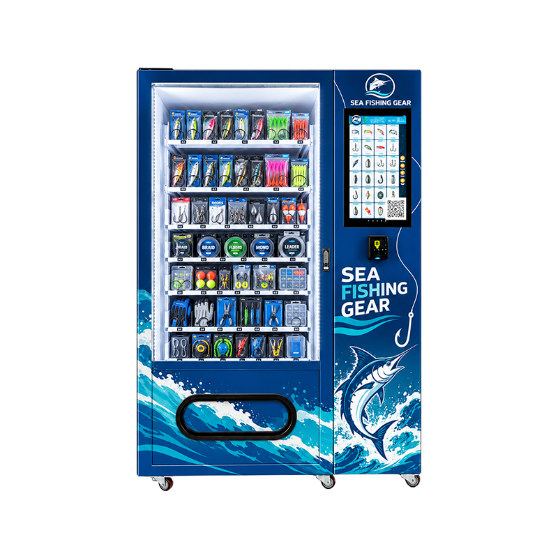 Bait and tackle vending machine stocked with lures hooks line and fishing tools