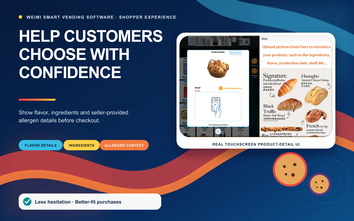 Cookie vending machine touchscreen product details and allergen information interface