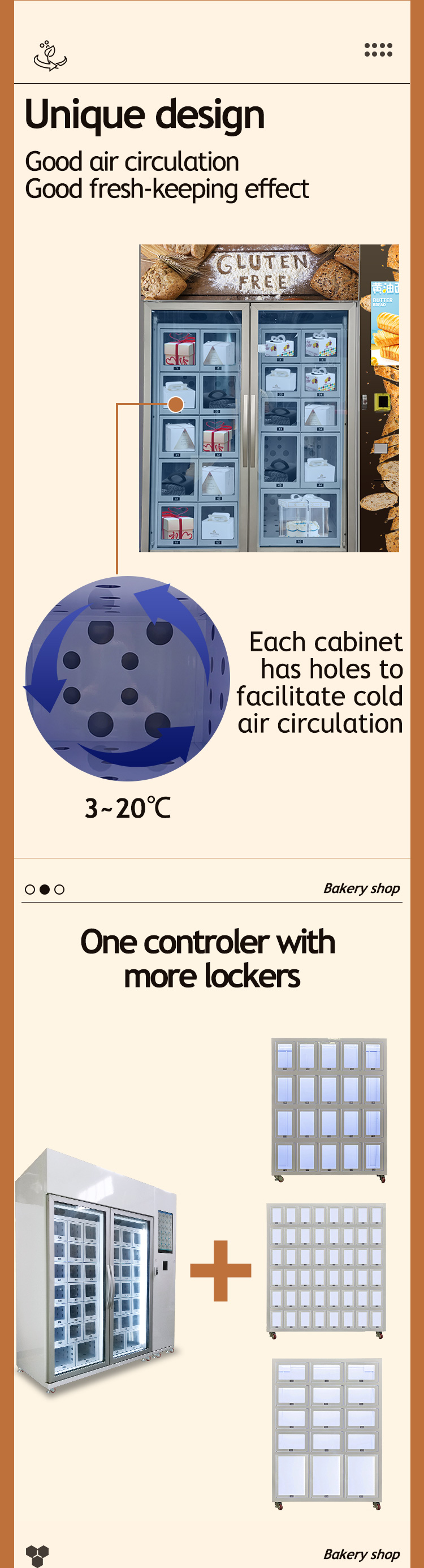Cooling locker bread vending machine air circulation keeps bread cake frsh accept combination
