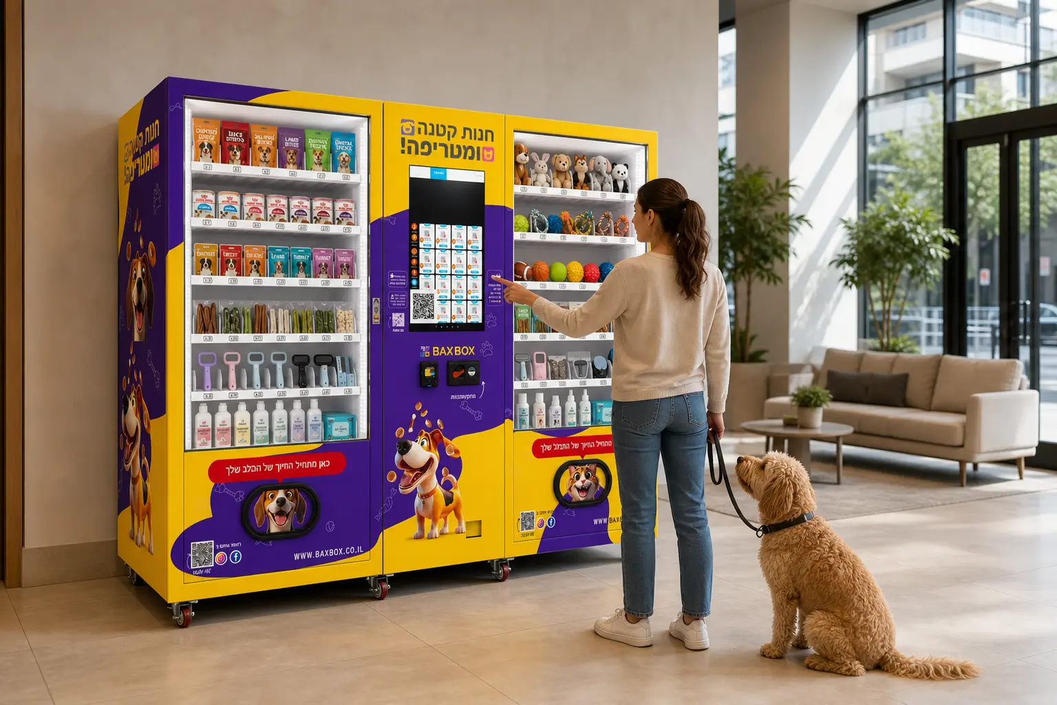 Dual-cabinet pet supplies vending machine in a pet-friendly apartment lobby