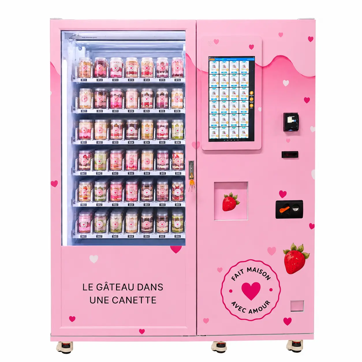 Pink jar cake vending machine with touchscreen and glass display