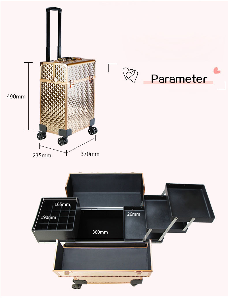 Diamond Rose Gold Rolling Cosmetic Makeup Case detail 06