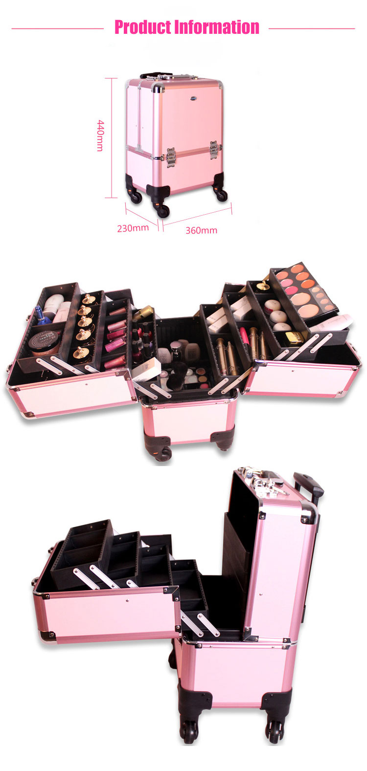 ABS Black/Pink Rolling Makeup Case detail 04