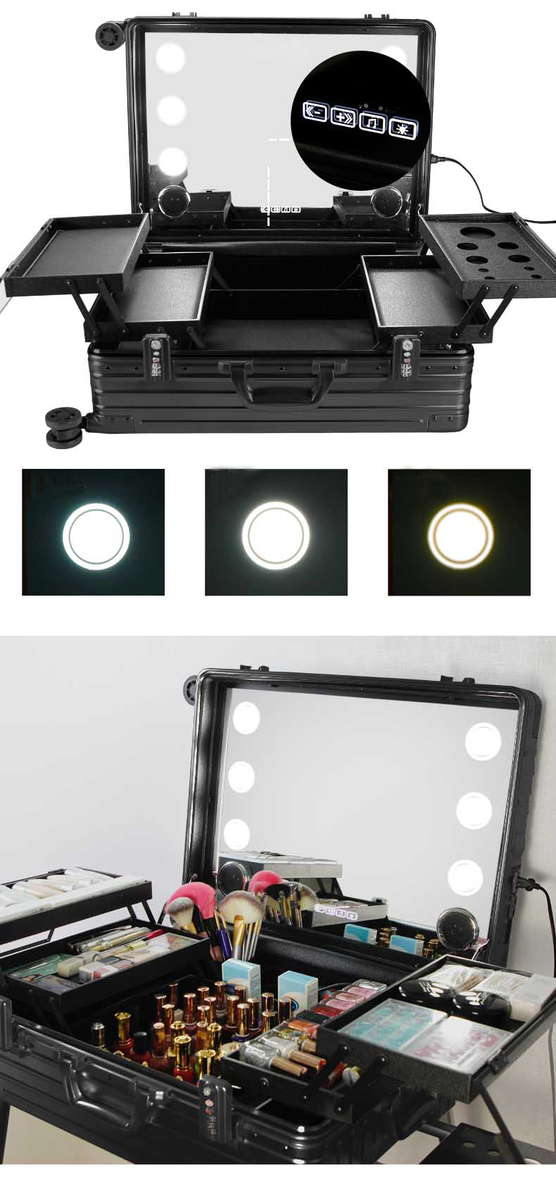 rolling makeup case with lights and mirror