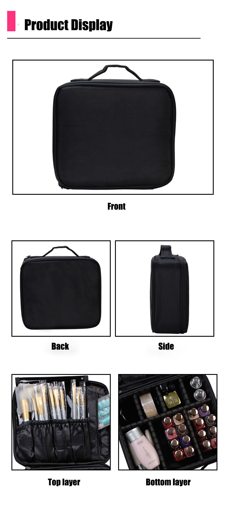 Mini Oxford black makeup brush bag detail 10