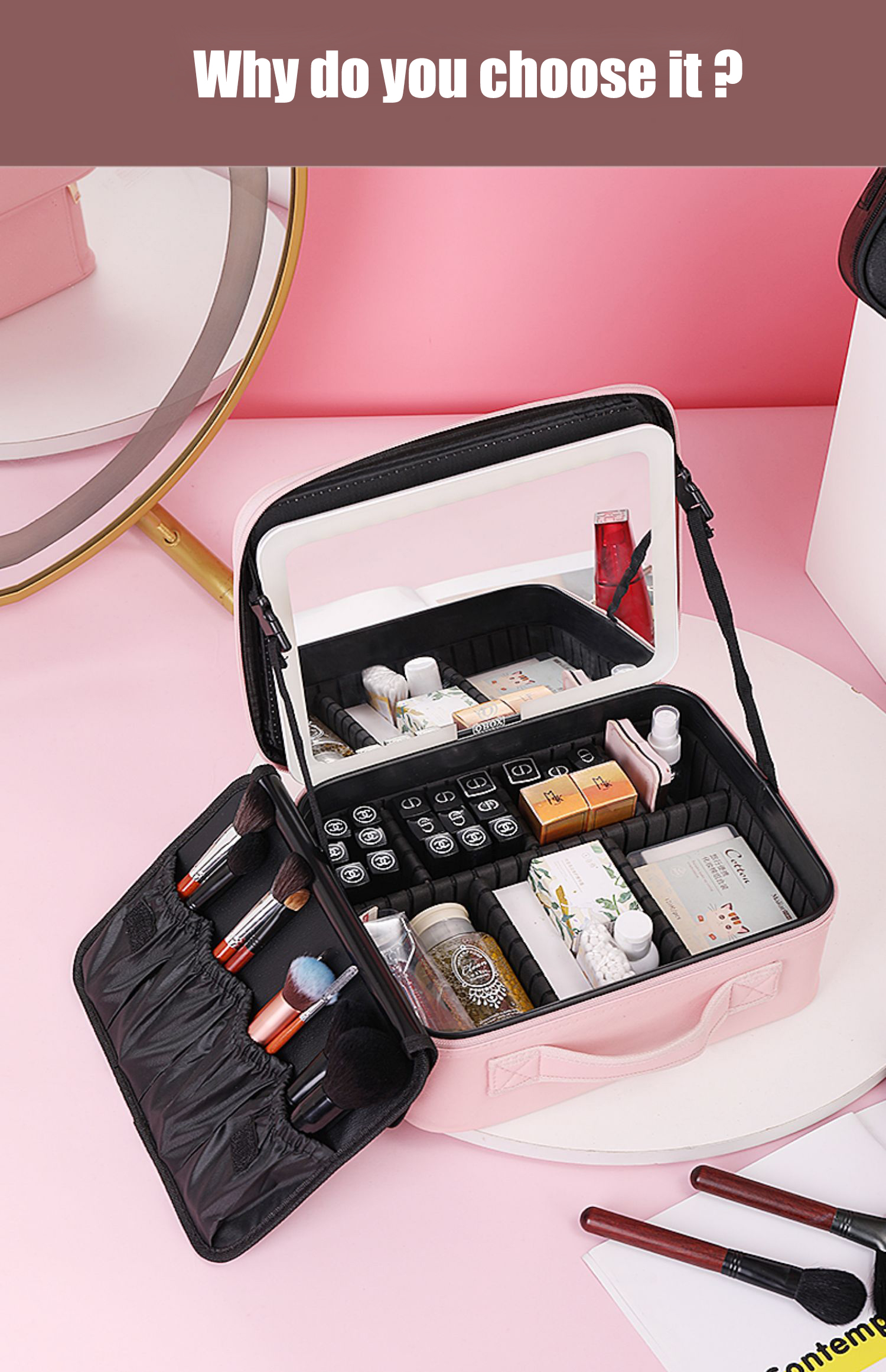 PU Cosmetics Train Case with Removeable LED Lighted Mirror detail 12