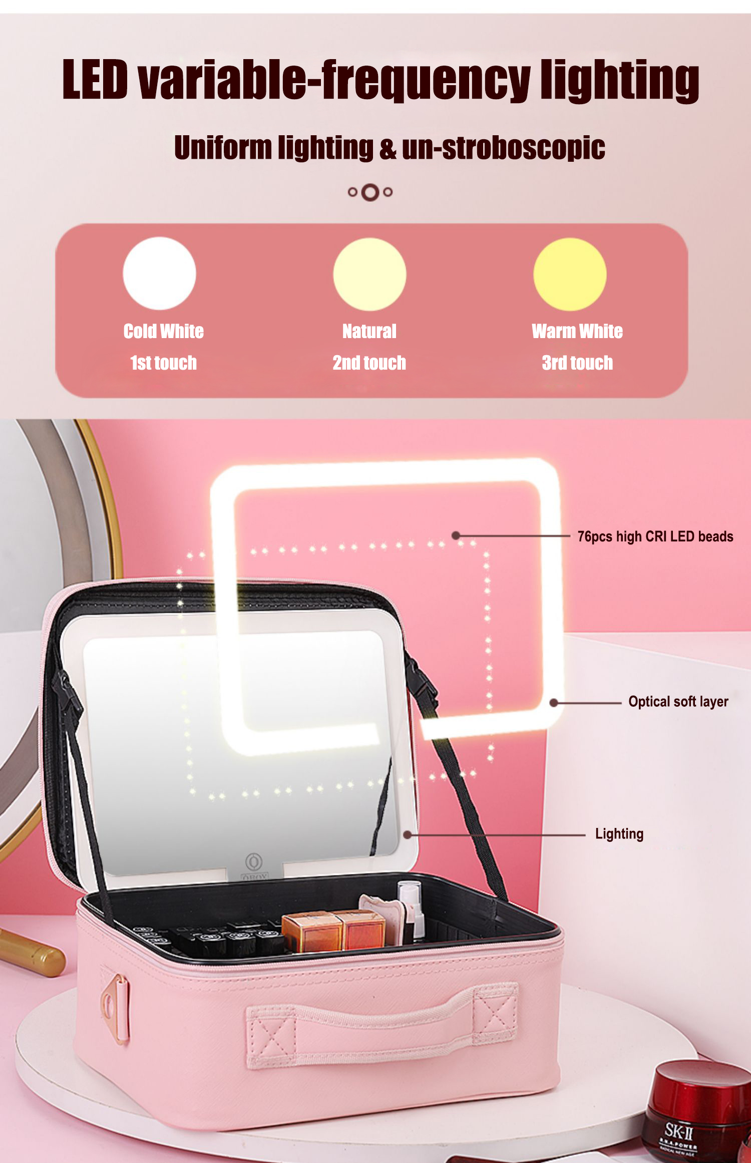 PU Cosmetics Train Case with Removeable LED Lighted Mirror detail 02