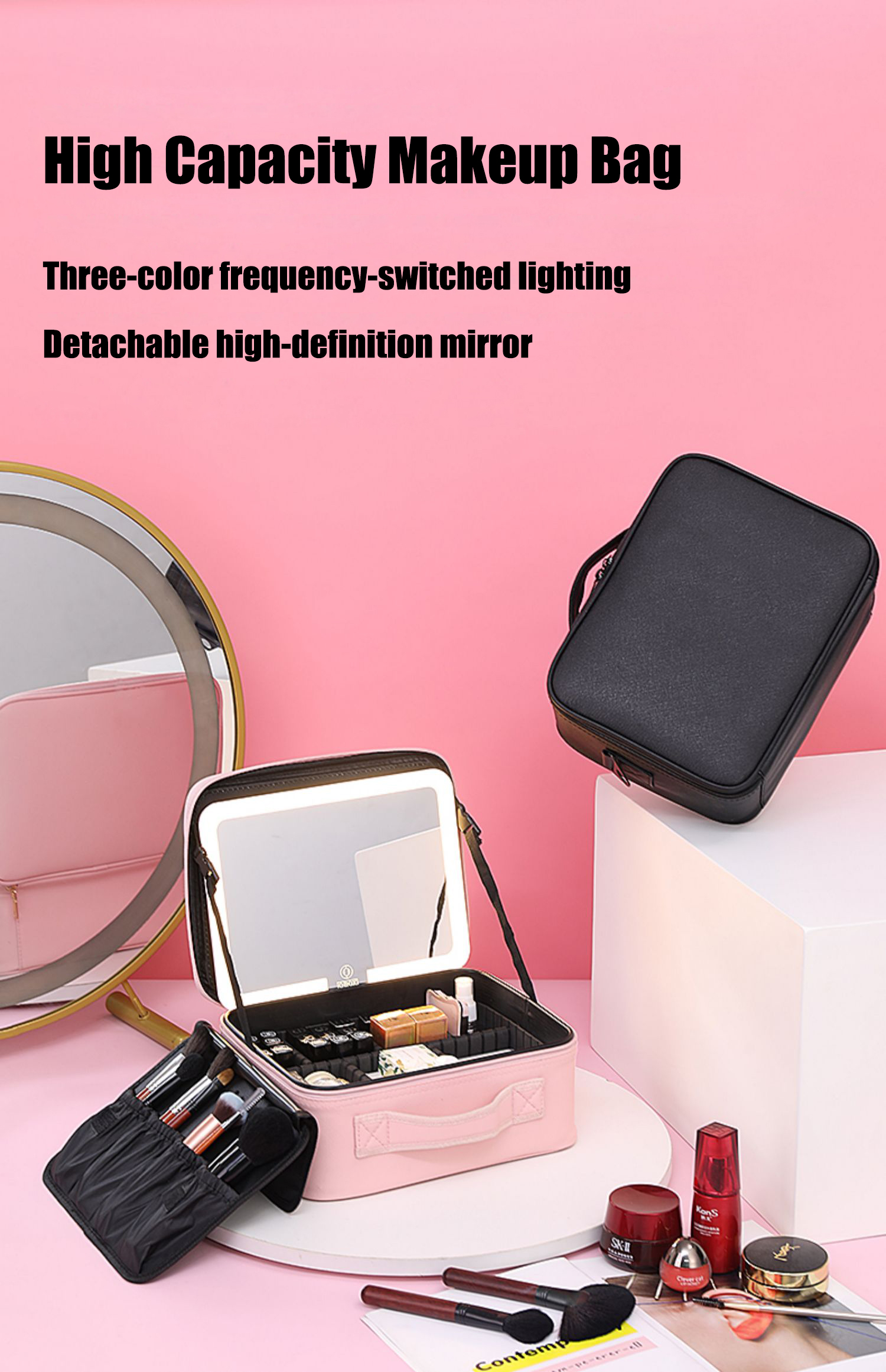 PU Cosmetics Train Case with Removeable LED Lighted Mirror detail 09