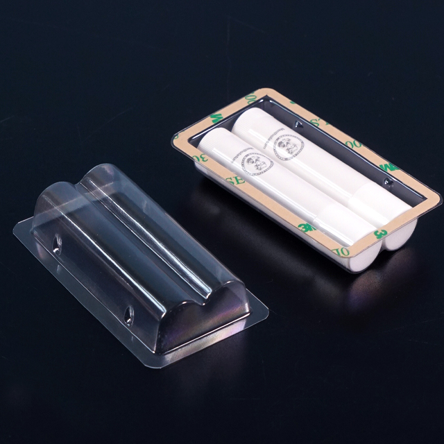 Popular Clear 2 pack plastic chapstick lip balm blister packaging tray with adhesive stick