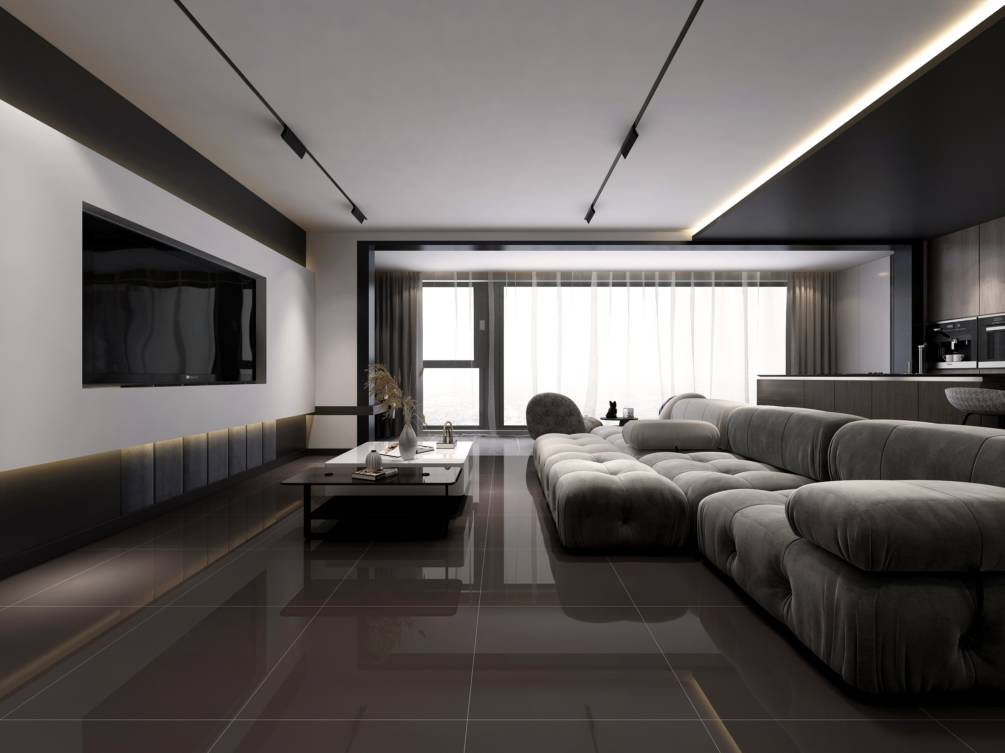 living room black polished tiles