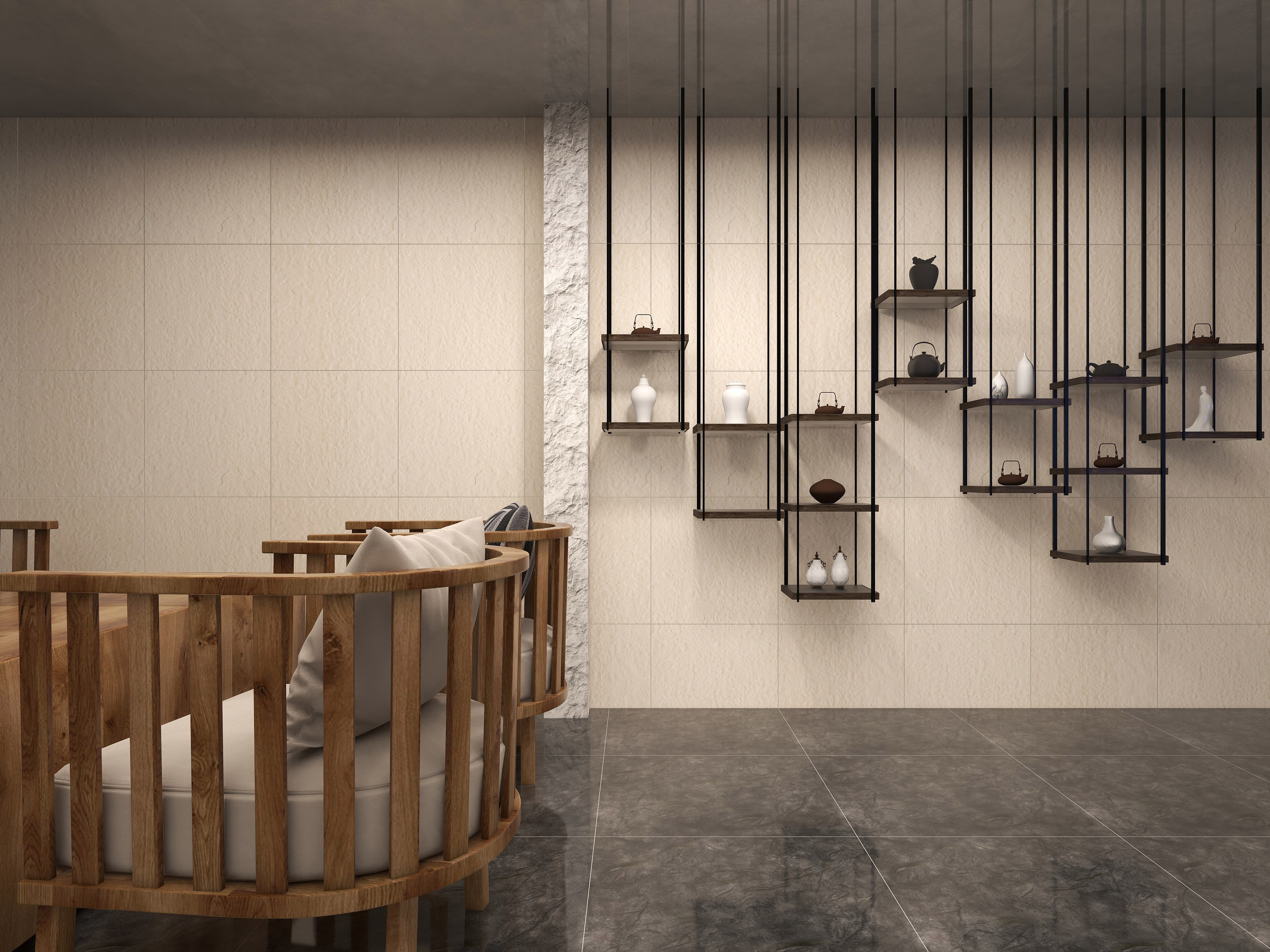 living room wall and floor polished tiles
