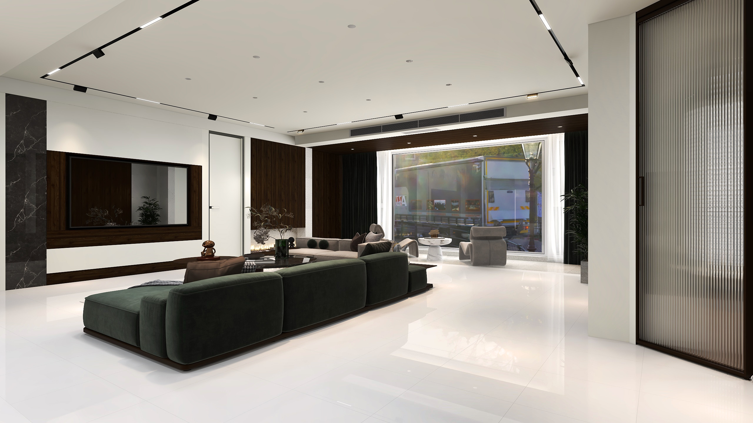 living room white glossy tiles