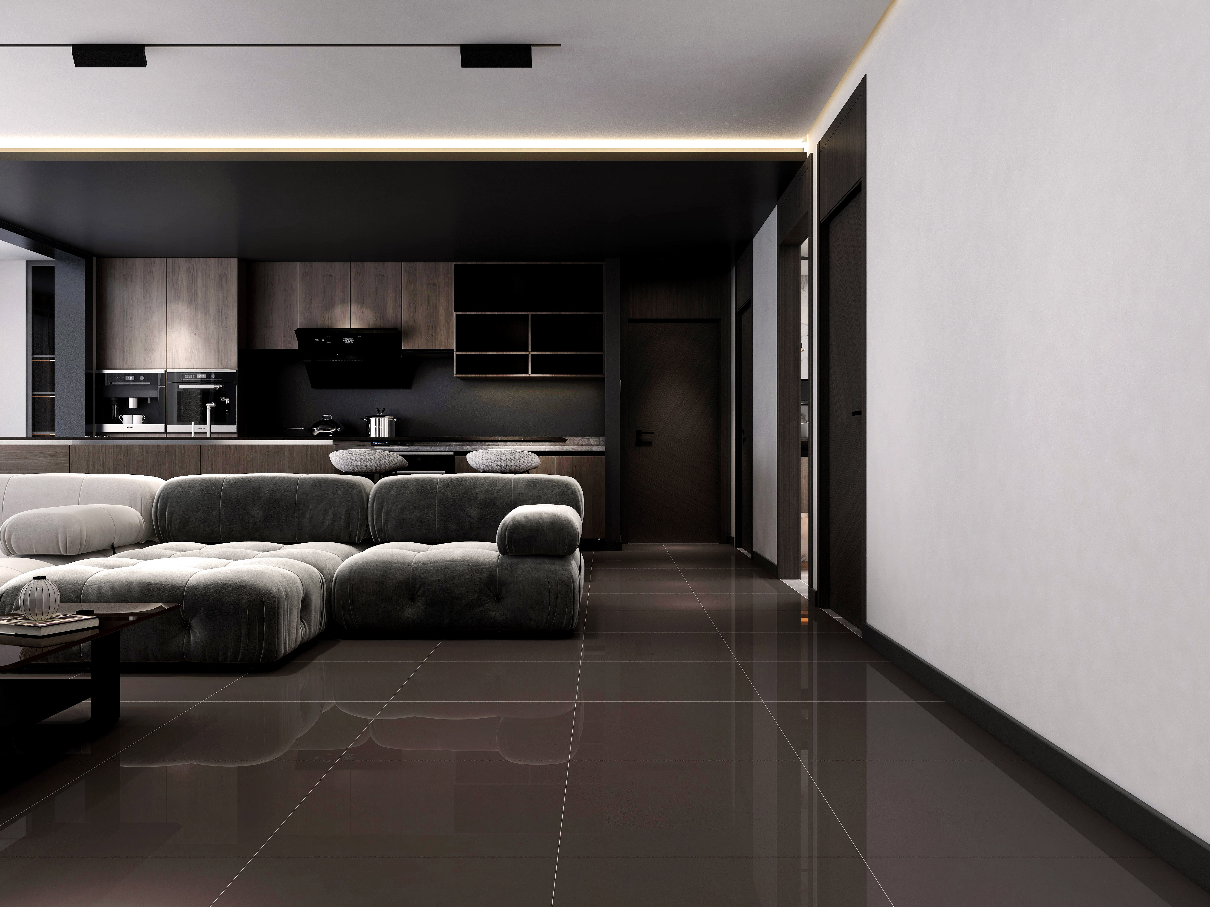 living room black polished tiles